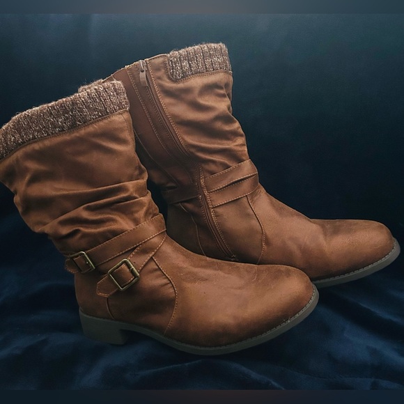 torrid Shoes - Torrid Faux Leather Sweater Trimmed Slouchy Moto Boots Extra WW Sz 12, brown